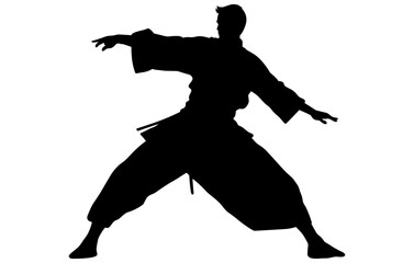 Fototapeta na wymiar Karate fighter in kimono, aikido vector silhouette, Well known martial arts, Martial exercise 