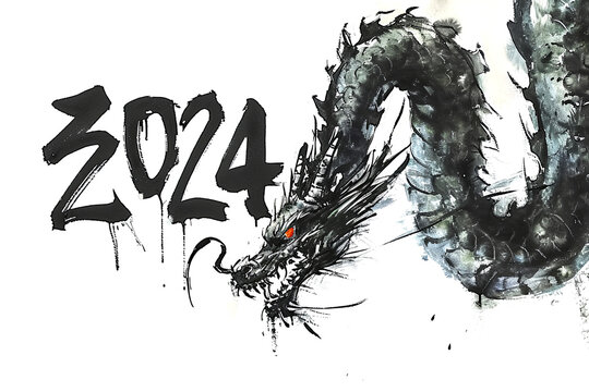 Chinese new year 2024 year of the dragon grunge ink painted banner