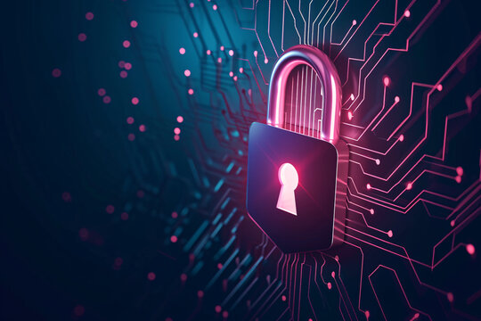 Glowing padlock on digital circuit, concept of cyber security