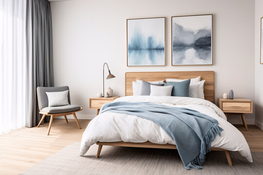 Stylish cosy blue and white neutral colour bedroom interior design modern and minimal style.