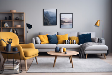 Chic living room interior design in yellow and blue, stylish modern livingroom.