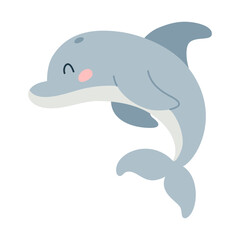 Cartoon hand drawn dolphin on isolated white background. Character of the sea animals for the logo, mascot, design.