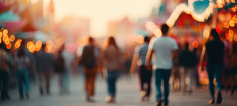 Blurred seaside carnival with lively rides, festive crowds, and vibrant stalls for event advertising