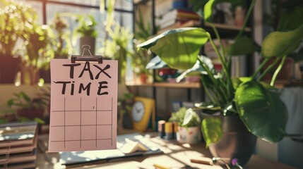 Sticky note with "TAX TIME" attached to a calendar in a home office with a view of a garden generative ai
