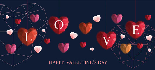 Valentine's Day sale poster with love polygon hearts and heart symbol and pink gold heart outline on blue background. - obrazy, fototapety, plakaty