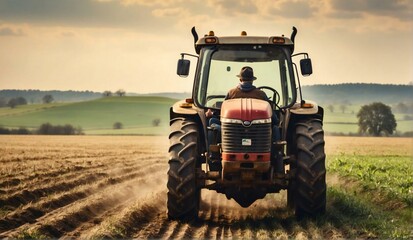 Obraz premium Agricultural workers with tractors. Ploughing a field with tractor at sunset