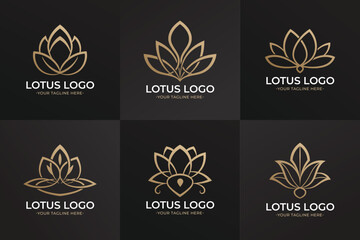 Set of Gold Line Art Lotus Beauty Logos