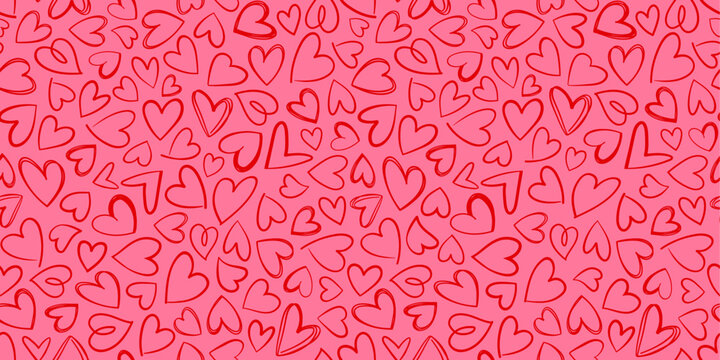 Fully Seamless Texture Pattern with lots of red hand drawn Hearts on pink background. Great for Gift wrapping papers, Wallpapers, websites backgrounds, desktop publishing. Full Vector Illustration
