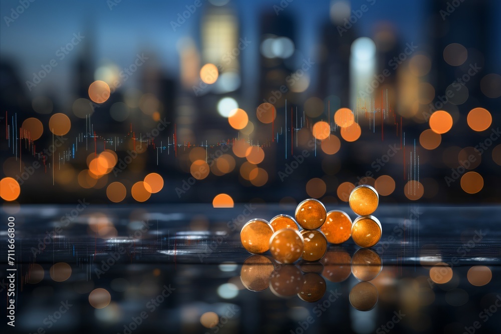 Poster Abstract bokeh backdrop with financial data visualizations and banking icons for modern design