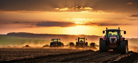 Agricultural workers with tractors. Ploughing a field with tractor at sunset - obrazy, fototapety, plakaty