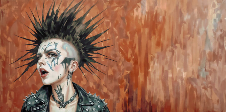Young punk woman in a leather jacket. Girl with pink mohawk hairstyle.