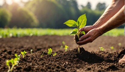 Agriculture banner with farmer's hand planting seedling in the ground out in the field
