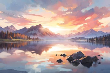 Poster Watercolor painting landscape - scenic landscape with mountains and a reflective lake under the warm tones of a sunset sky. Abstract colorful illustration. Generative AI. © nutalina