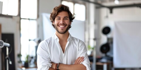 Fototapeta na wymiar Handsome smiling young fashion designer stands, arms crossed, modern office in the background