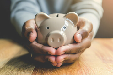 close up of hands holding piggy bank with coin slot - obrazy, fototapety, plakaty