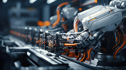 Obraz premium Robotic arms fitting engines and components with precision