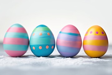 Obraz premium Whimsical Pastels Easter Holiday Celebration Banner Greeting Card with a Set Collection of Colorful Blue and Pink Painted Striped Easter Eggs, Isolated on White Table Texture.