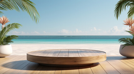 Obraz premium Wooden tray with tropical flowers and palm leaves on beach, closeup. AI Generative