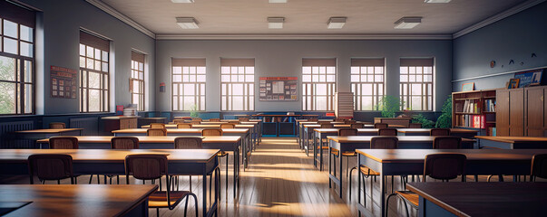 Empty classroom with rows of desks and many windows. Postproducted generative AI illustration.