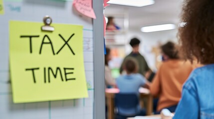 Sticky note with "TAX TIME" attached to a whiteboard in a classroom setting with students generative ai