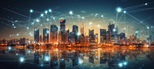 Futuristic cityscape with neon lights and flying drones delivering financial services - obrazy, fototapety, plakaty