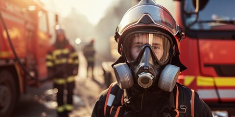 Fototapeta premium Portrait of happy fireman team with gas mask and helmet near fire engine