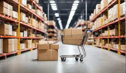 Online shopping concept with cart full of boxes and a mobile phone in distribution center warehouse, fullfielment center