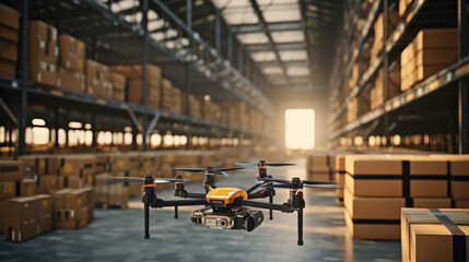 A drone overseeing inventory management in a vast warehouse - obrazy, fototapety, plakaty