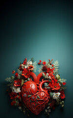 Valentine's day background with red heart and flowers on green background. 3d rendering.  AI generative