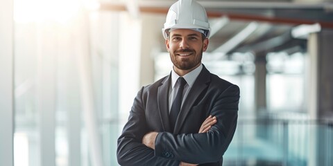 Smart and handsome model engineer or businessman in suit wearing a hardhat standing across arm in front of the office - obrazy, fototapety, plakaty