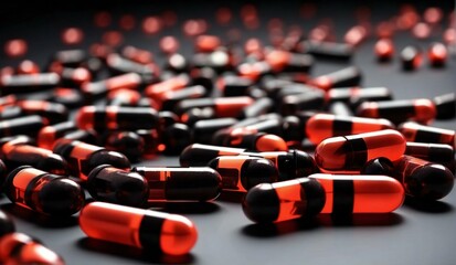 Red-black antibiotic capsule pills frame for pharmaceutical concept. Pharmacy banner. Antibiotic drug. Pharmaceutical industry. Prescription drug. Health and medical care. Medical treatment background - obrazy, fototapety, plakaty