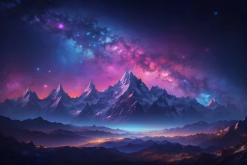 Foto op Canvas Watercolor painting landscape - cosmic landscape with majestic mountains under a starry night sky. Abstract colorful illustration. Generative AI. © nutalina
