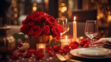 A red roses bouquet on the table of fancy restuarant, Valentine's day dinner concept, celebration of love.
