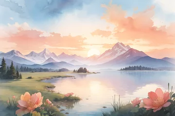Poster Watercolor painting landscape - captivating landscape of mountains and lake with a sunset sky. Abstract colorful illustration. Generative AI. © nutalina