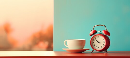 Early morning vibes  alarm clock and coffee on table with copy space for text placement