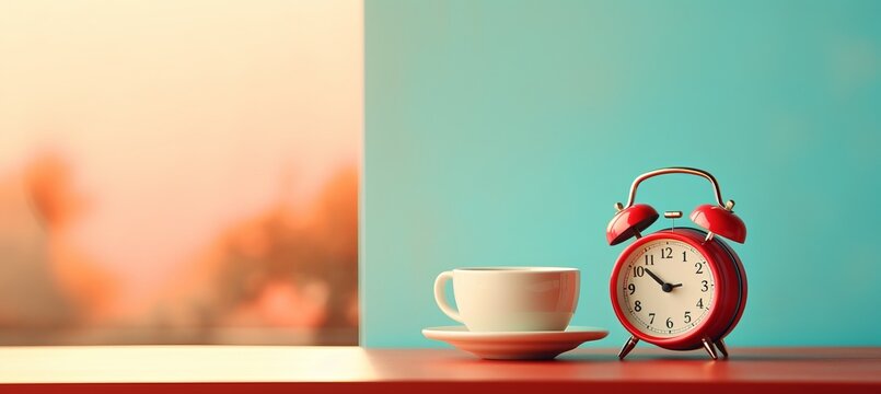 Early morning vibes  alarm clock and coffee on table with copy space for text placement