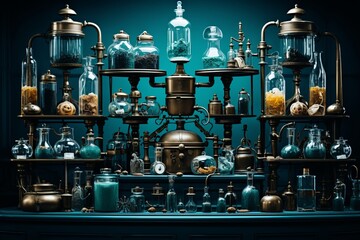 Enchanting steampunk laboratory with intricate brass machinery and glowing concoctions