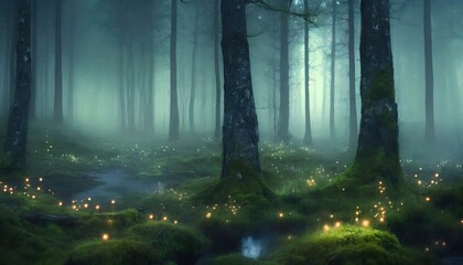 landscape at night. Fantasy forest background. Surreal design backdrop.Magical dark fairy tale forest at night with glowing lights and fog und flying particles.ai generated
