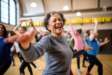 Fototapeta na wymiar Portrait photography of a woman in her 70s in an energetic Zumba class with participants dancing background.