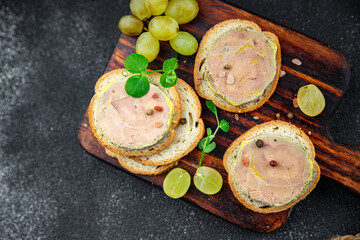 foie gras sandwich fresh goose or duck liver eating cooking appetizer meal food snack on the table copy space food background rustic top view - obrazy, fototapety, plakaty