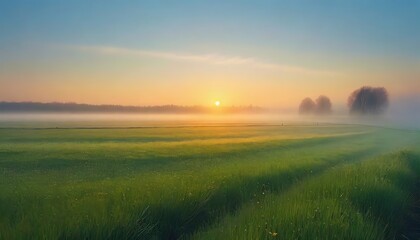 Fototapeta premium Green rice fields natural landscapes with clear sky. Fog in the valley. Sunlight entering the valley and on the mountains. Beautiful summer morning.ai generated