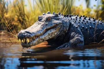 Saltwater crocodile in sunny swamp.