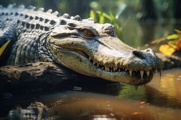 Obraz premium Saltwater crocodile in sunny swamp.