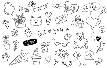 Cute romantic doodle set.   Hand drawn  elements. Line art.  Latter with hearts, cake, flowers, balloon, gift boxes, smile, teddy bear. Valentine`s day, romantic, love concept. 