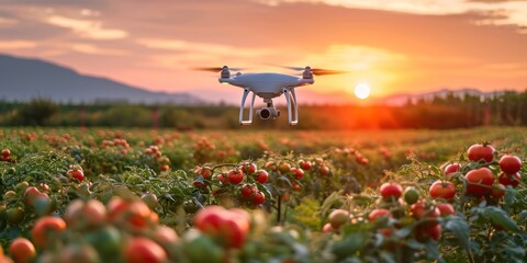 Aerial view of drone flying to spray fertilizer on tomato farm, mountains is background