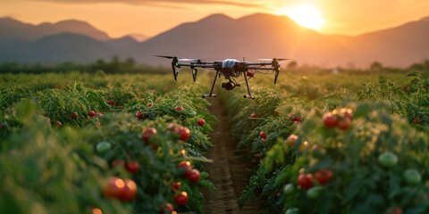 Fototapeta premium Aerial view of drone flying to spray fertilizer on tomato farm, mountains is background