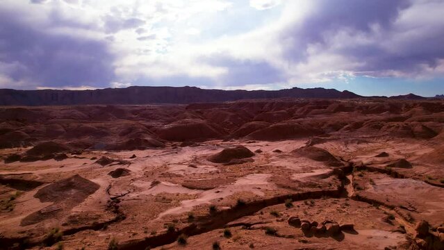 Panoramic aerial view to the Utah valley. Red rocky spires, natural phenomena, landscape of another planet, scenic Utah. Drone footage. Famous places of USA