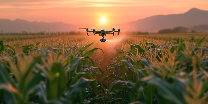 Aerial view of drone flying to spray fertilizer on corn fields, mountains is background