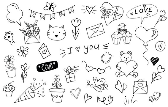 Cute romantic doodle set.   Hand drawn  elements. Line art.  Latter with hearts, cake, flowers, balloon, gift boxes, smile, teddy bear. Valentine`s day, romantic, love concept. 