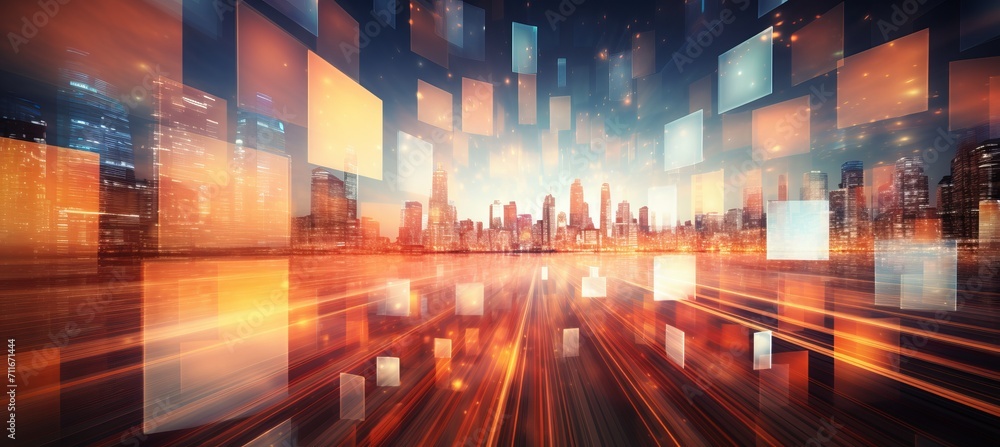 Poster blurred bokeh backdrop with futuristic digital screens and overlaying interface for tech concept